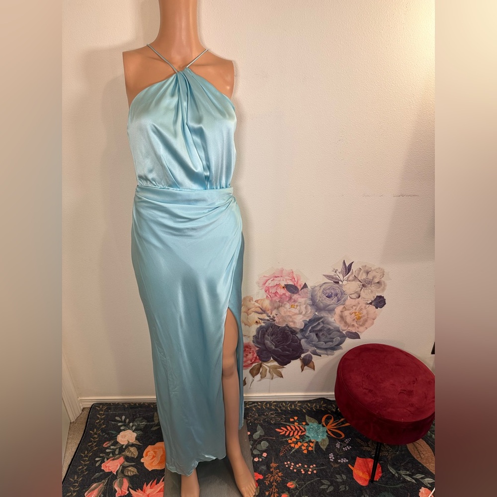 New The Sei Asymmetric Halter Dress in Baby Blue maxi split hem silk aquamarine